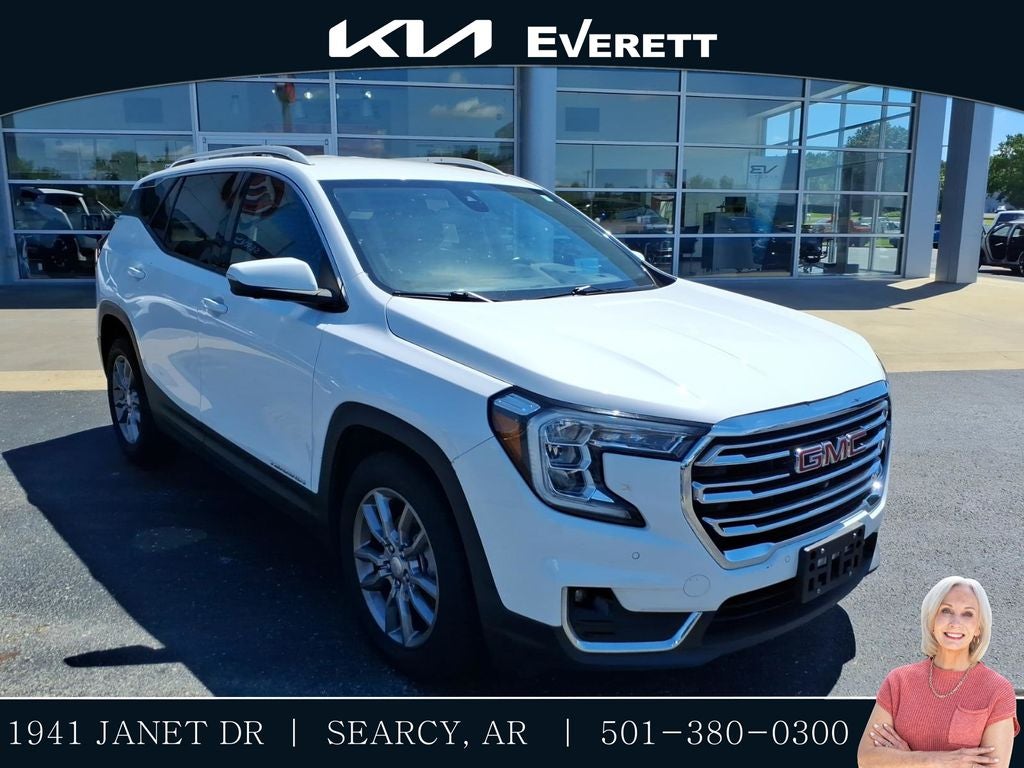 2022 GMC Terrain SLT in Summit White — front three-quarter view
