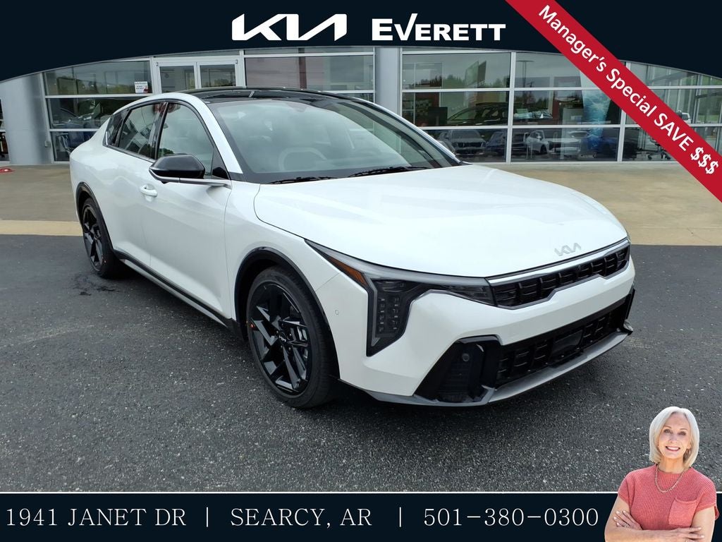 2026 Kia K4 GT-Line Turbo in Snow White Pearl — front three-quarter view