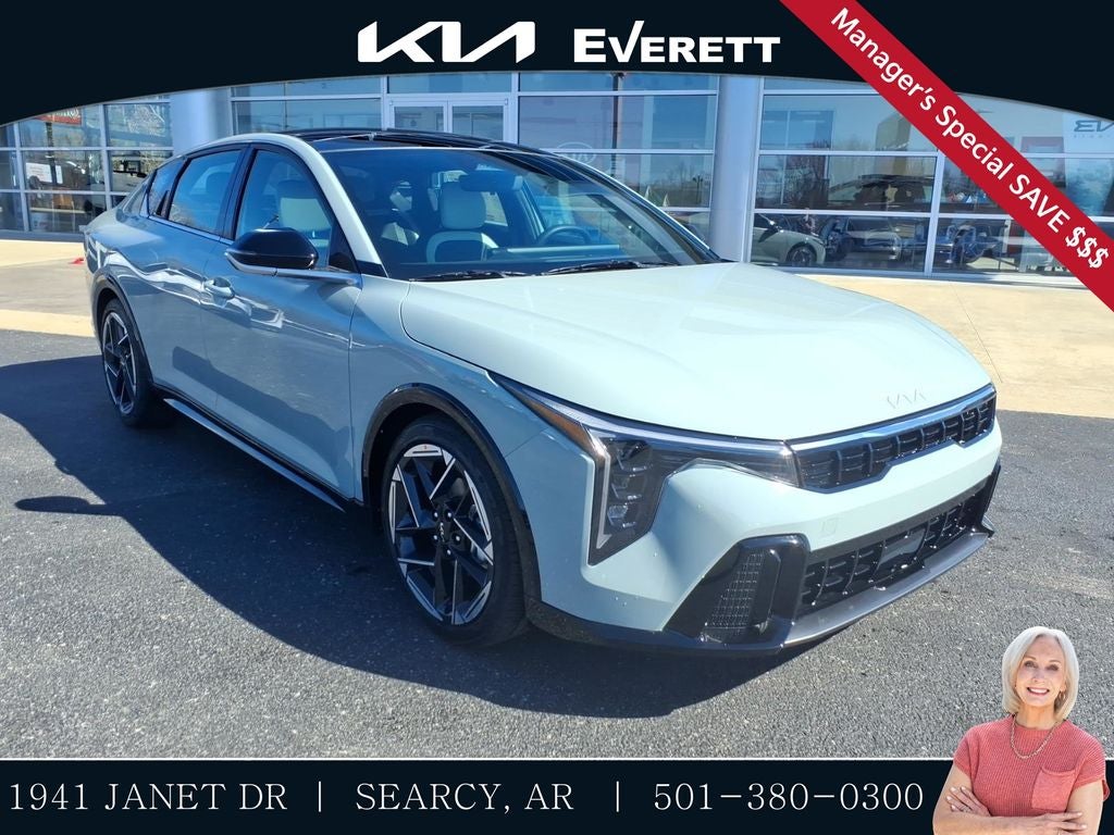 2026 Kia K4 GT-Line in Morning Haze — front three-quarter view