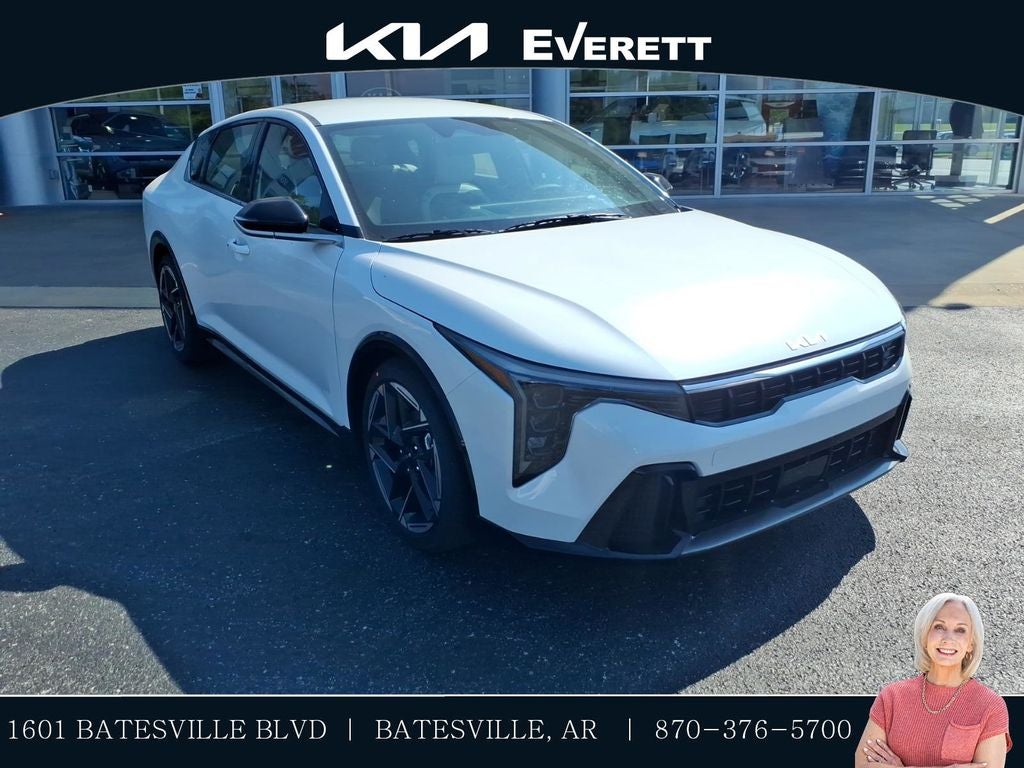 2026 Kia K4 GT-Line in Snow White Pearl — front three-quarter view