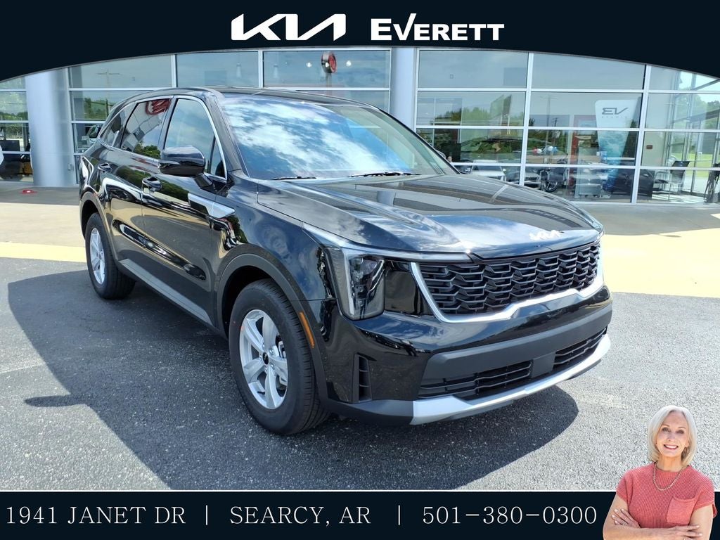 2026 Kia Sorento LX in Ebony Black — front three-quarter view