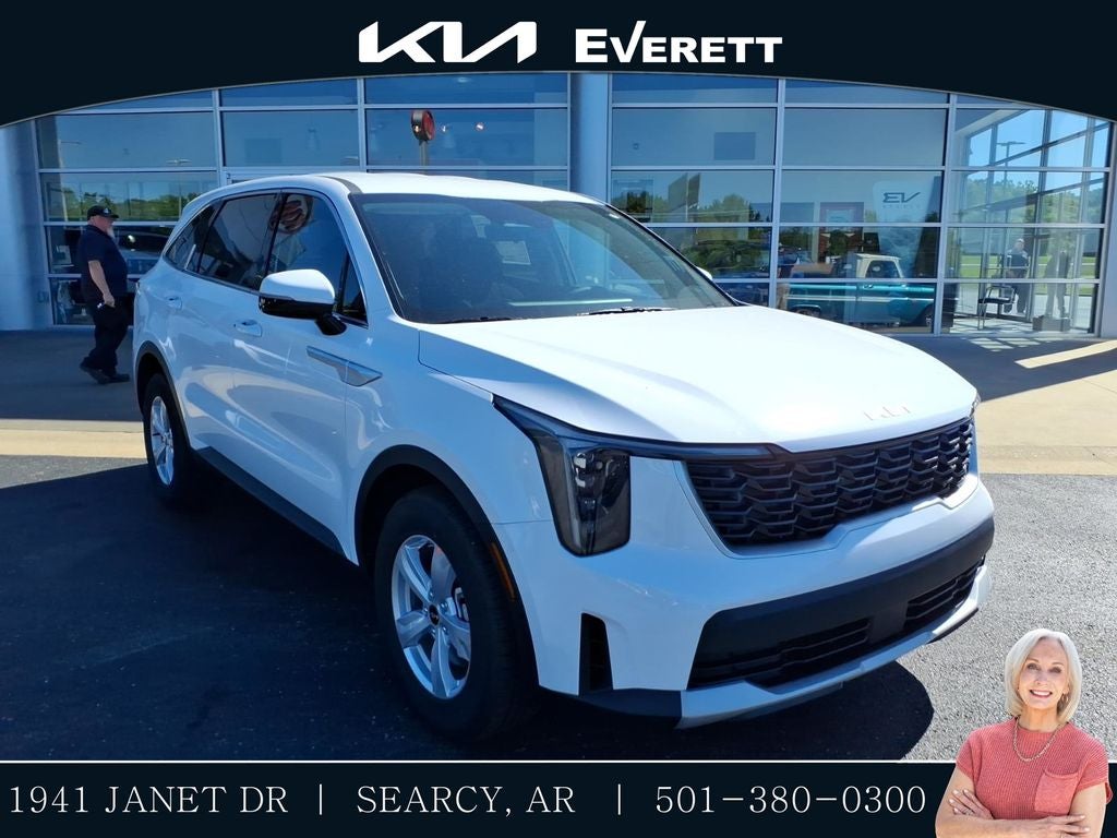 2026 Kia Sorento LX in Glacial White Pearl — front three-quarter view