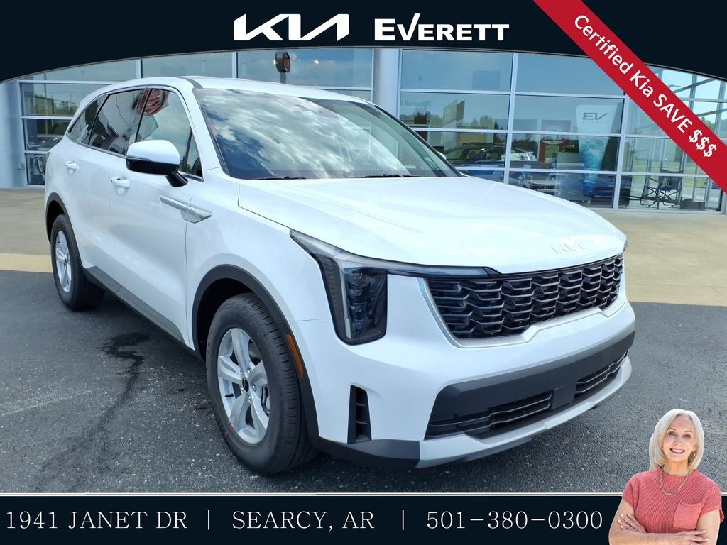 2026 Kia Sorento LX in Glacial White Pearl — front three-quarter view
